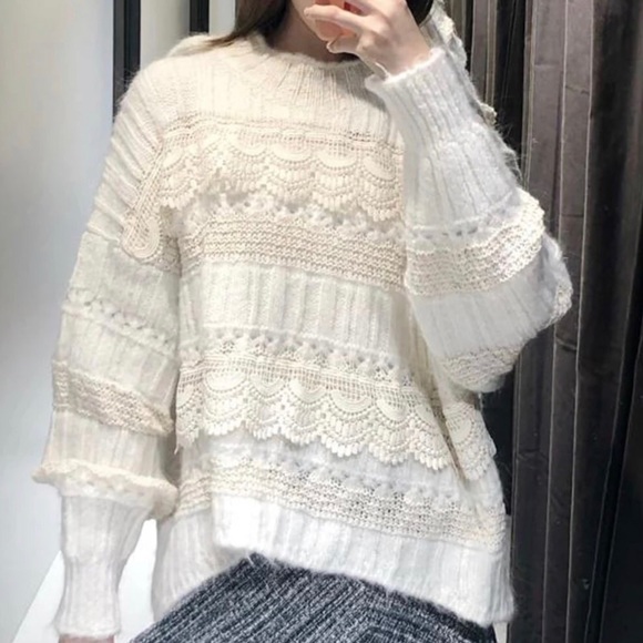 Lace sweater knit creamy white long sleeve top - Picture 9 of 9